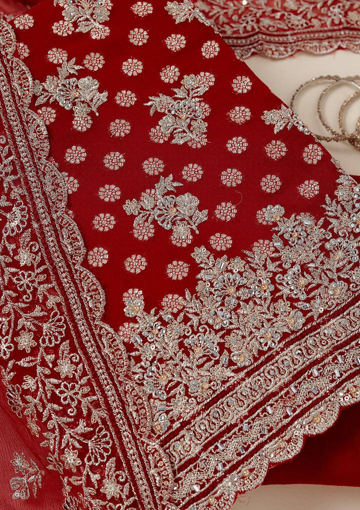 Maroon Chinon Gold Zariwork Unstitched Dress Material With Matching Bottom And Dupatta