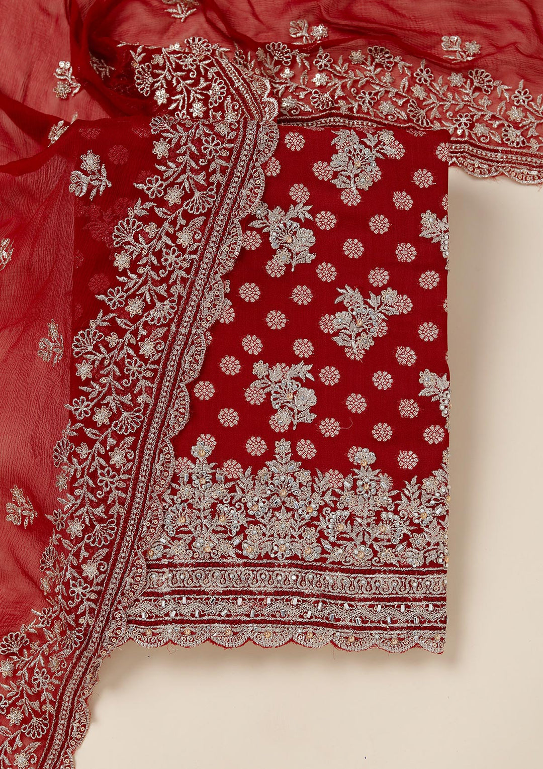 Maroon Chinon Gold Zariwork Unstitched Dress Material With Matching Bottom And Dupatta