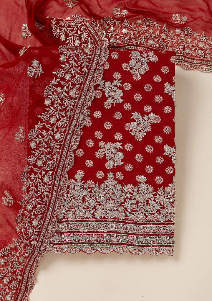 Maroon Chinon Gold Zariwork Unstitched Dress Material With Matching Bottom And Dupatta