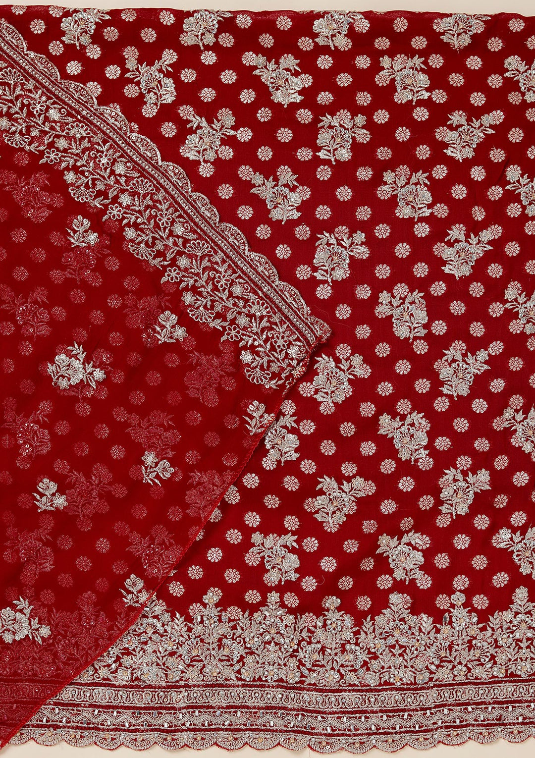 Maroon Chinon Gold Zariwork Unstitched Dress Material With Matching Bottom And Dupatta