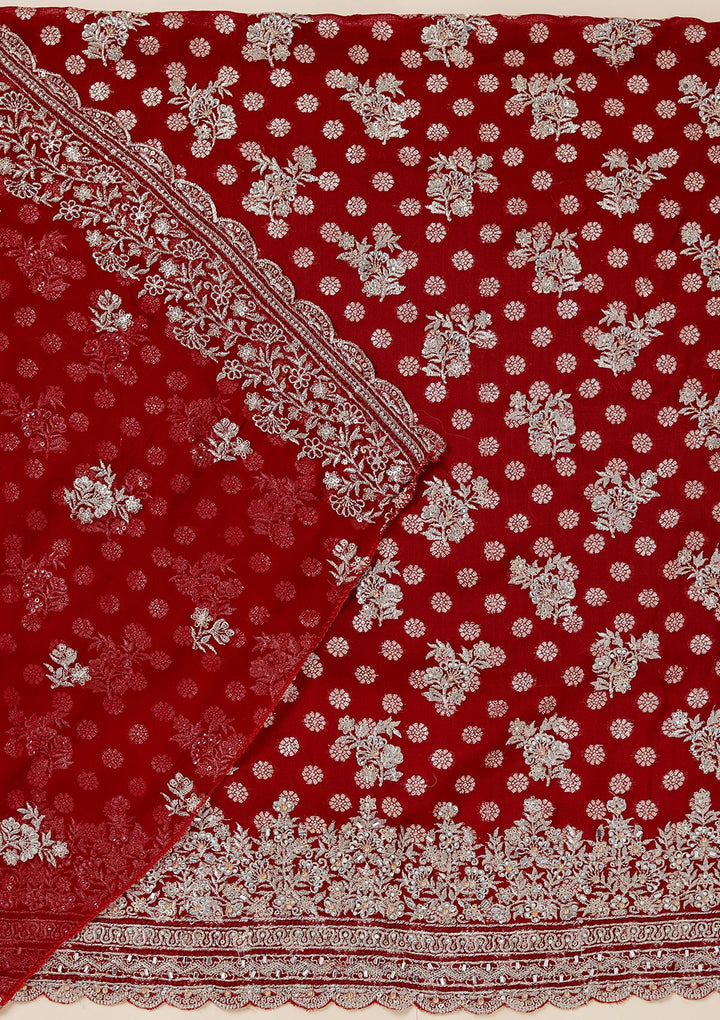 Maroon Chinon Gold Zariwork Unstitched Dress Material With Matching Bottom And Dupatta