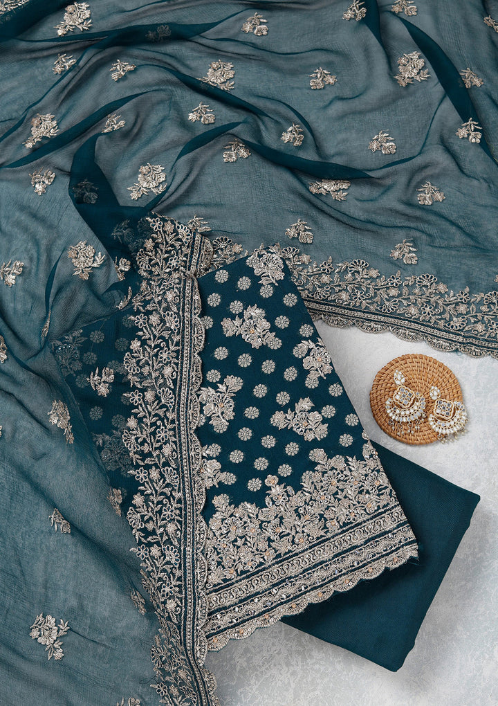 Peacock Blue Chinon Gold Zariwork Unstitched Dress Material With Matching Bottom And Dupatta