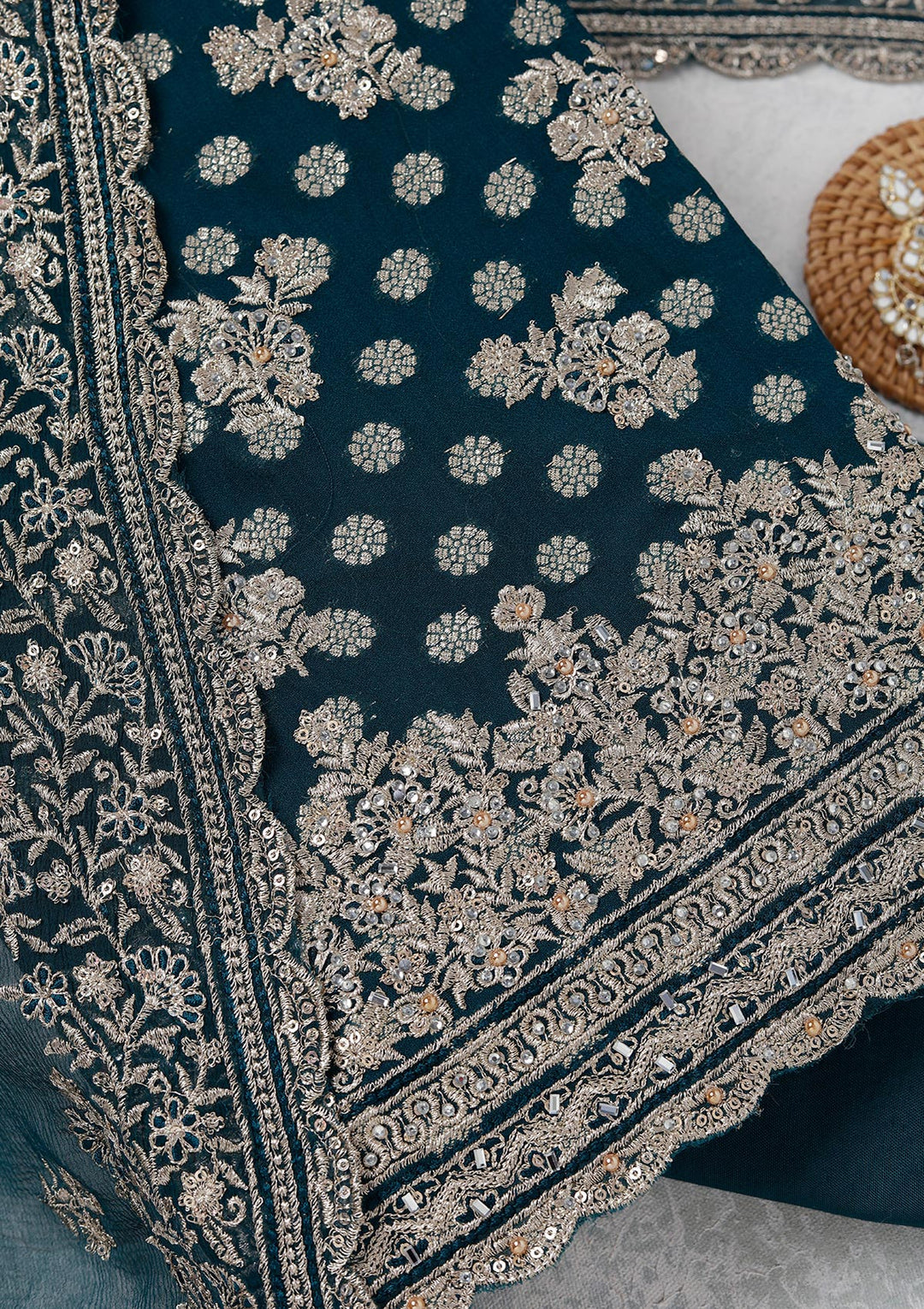 Peacock Blue Chinon Gold Zariwork Unstitched Dress Material With Matching Bottom And Dupatta