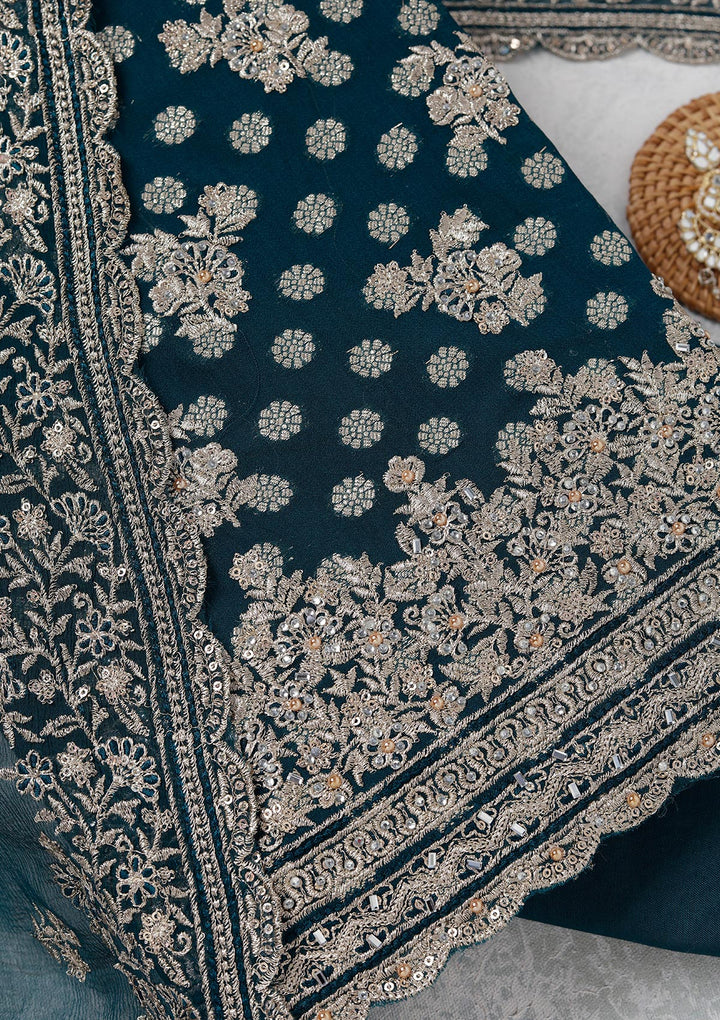 Peacock Blue Chinon Gold Zariwork Unstitched Dress Material With Matching Bottom And Dupatta