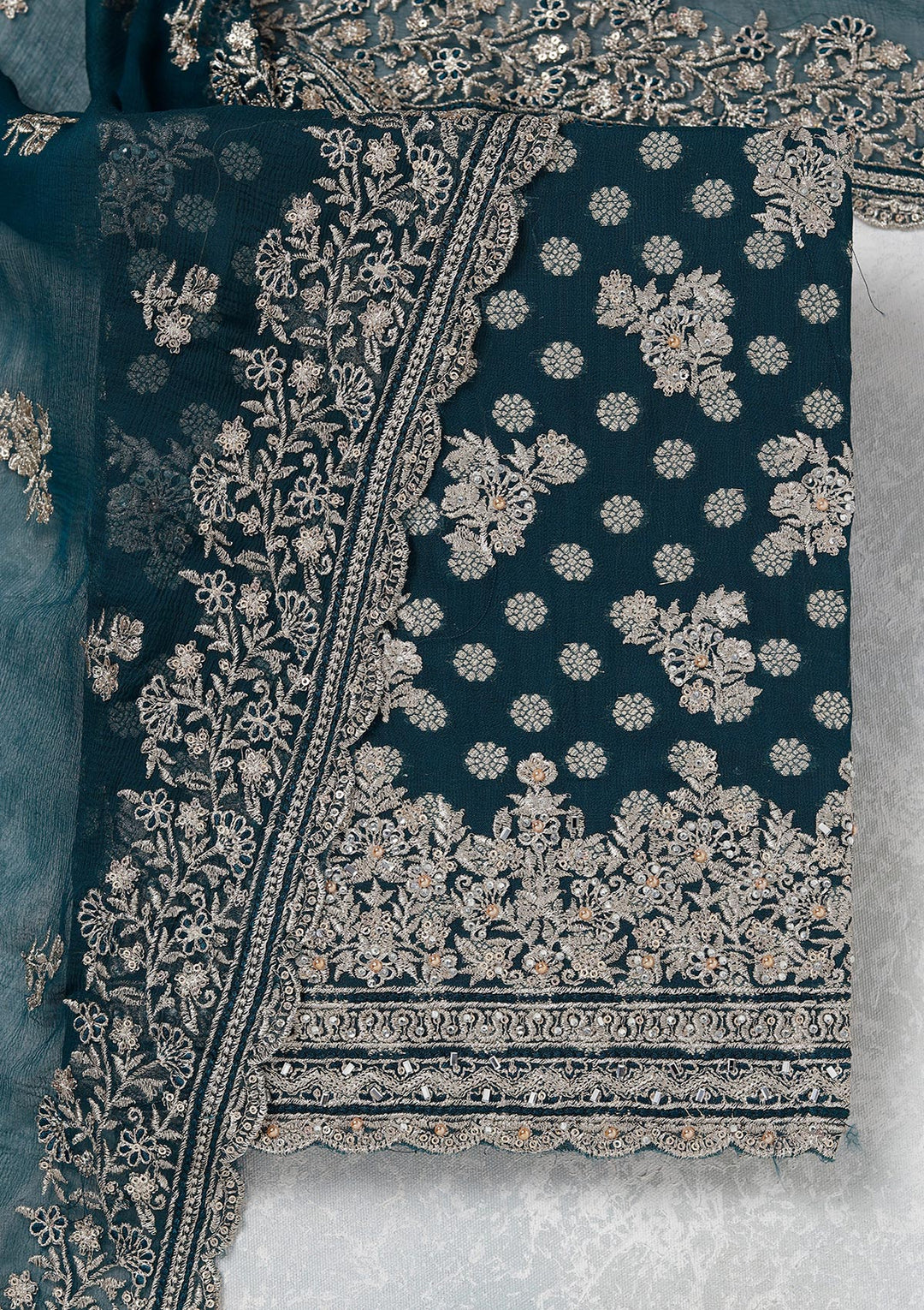 Peacock Blue Chinon Gold Zariwork Unstitched Dress Material With Matching Bottom And Dupatta