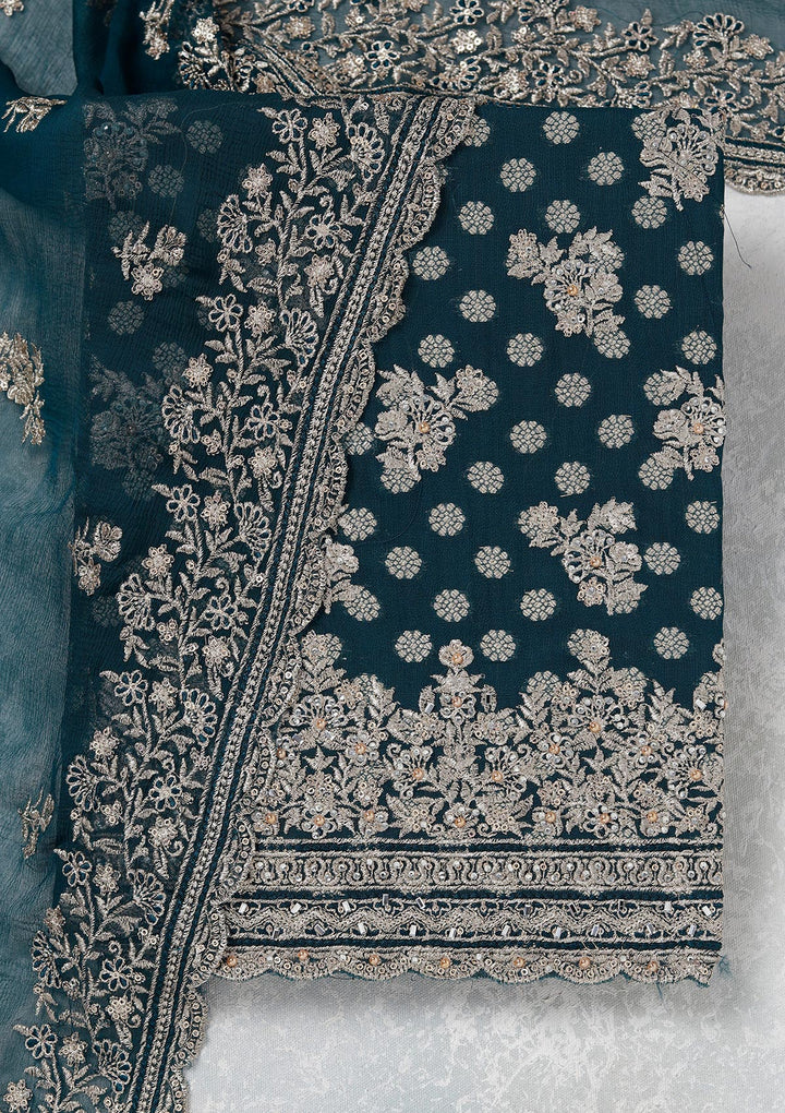 Peacock Blue Chinon Gold Zariwork Unstitched Dress Material With Matching Bottom And Dupatta