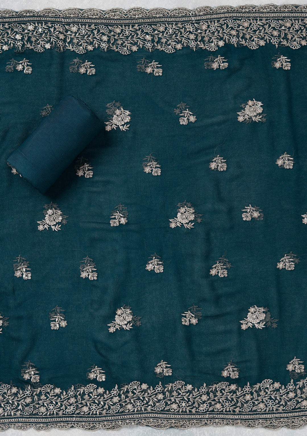 Peacock Blue Chinon Gold Zariwork Unstitched Dress Material With Matching Bottom And Dupatta