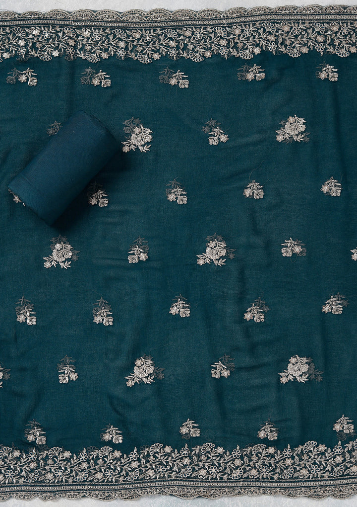 Peacock Blue Chinon Gold Zariwork Unstitched Dress Material With Matching Bottom And Dupatta