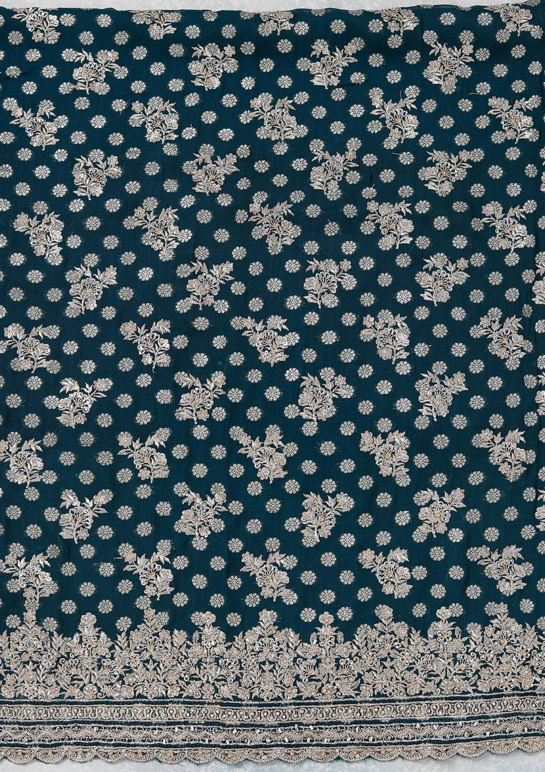 Peacock Blue Chinon Gold Zariwork Unstitched Dress Material With Matching Bottom And Dupatta