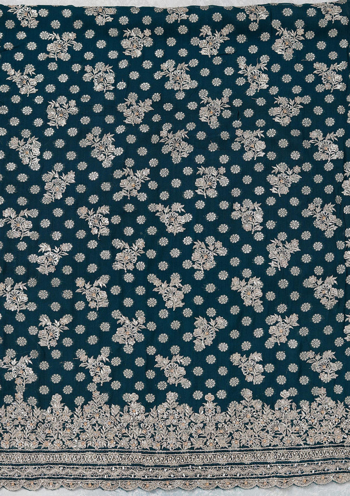 Peacock Blue Chinon Gold Zariwork Unstitched Dress Material With Matching Bottom And Dupatta