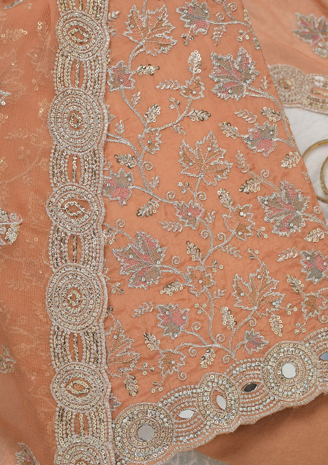 Light Brown Mirrorwork Organza Unstitched Salwar Suit