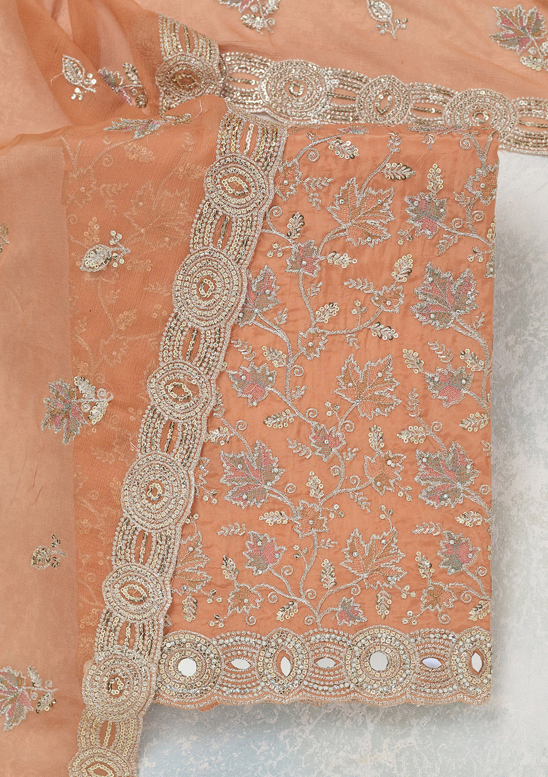 Light Brown Mirrorwork Organza Unstitched Salwar Suit