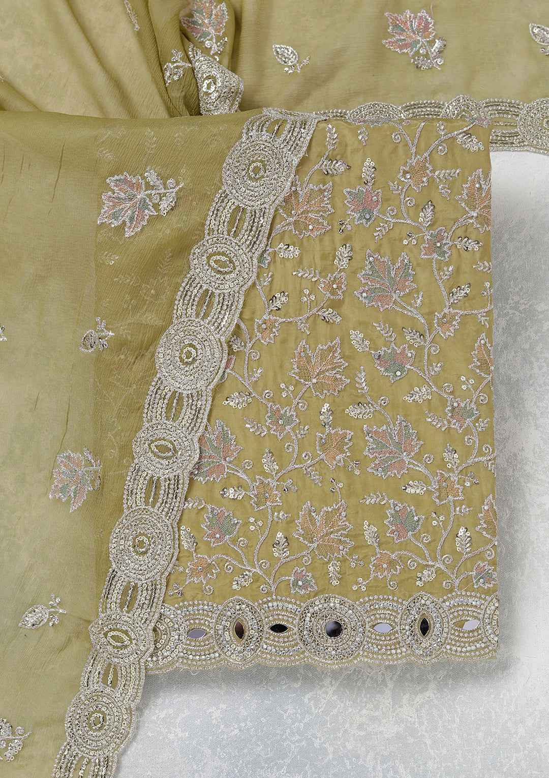 Mehendi Mirrorwork Organza Unstitched Salwar Suit