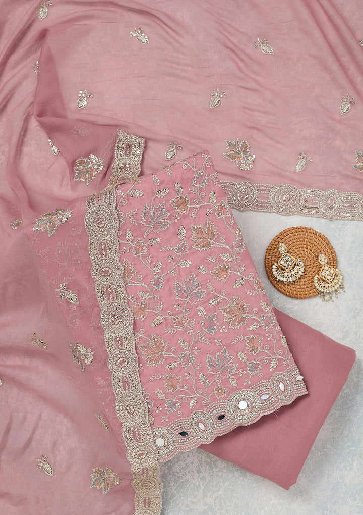 Onion Pink Organza Mirrorwork Unstitched Dress Material With Matching Bottom And Dupatta