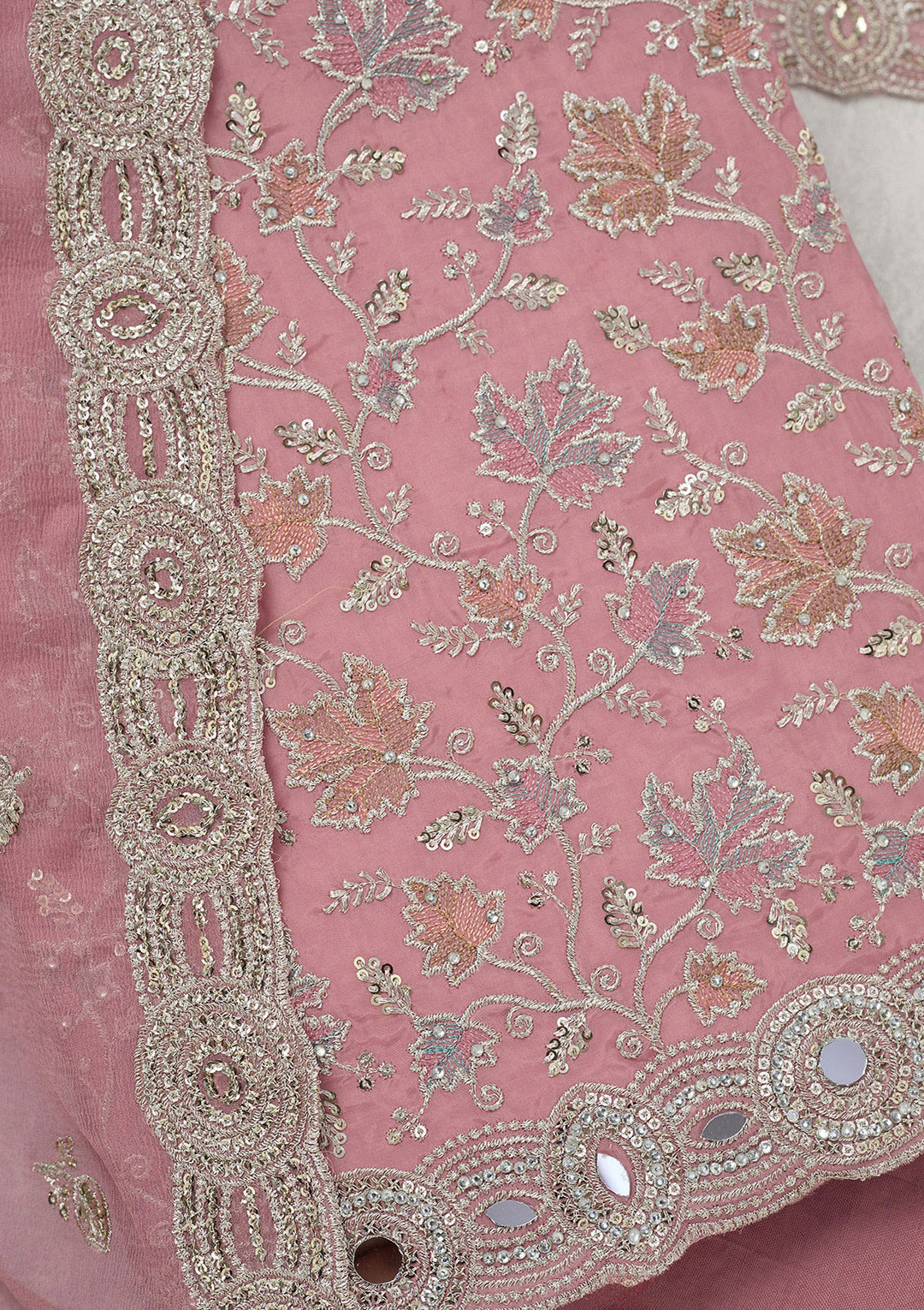 Onion Pink Organza Mirrorwork Unstitched Dress Material With Matching Bottom And Dupatta