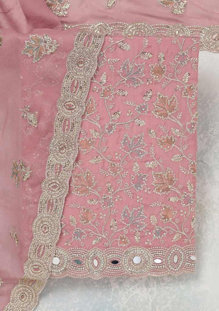 Onion Pink Organza Mirrorwork Unstitched Dress Material With Matching Bottom And Dupatta