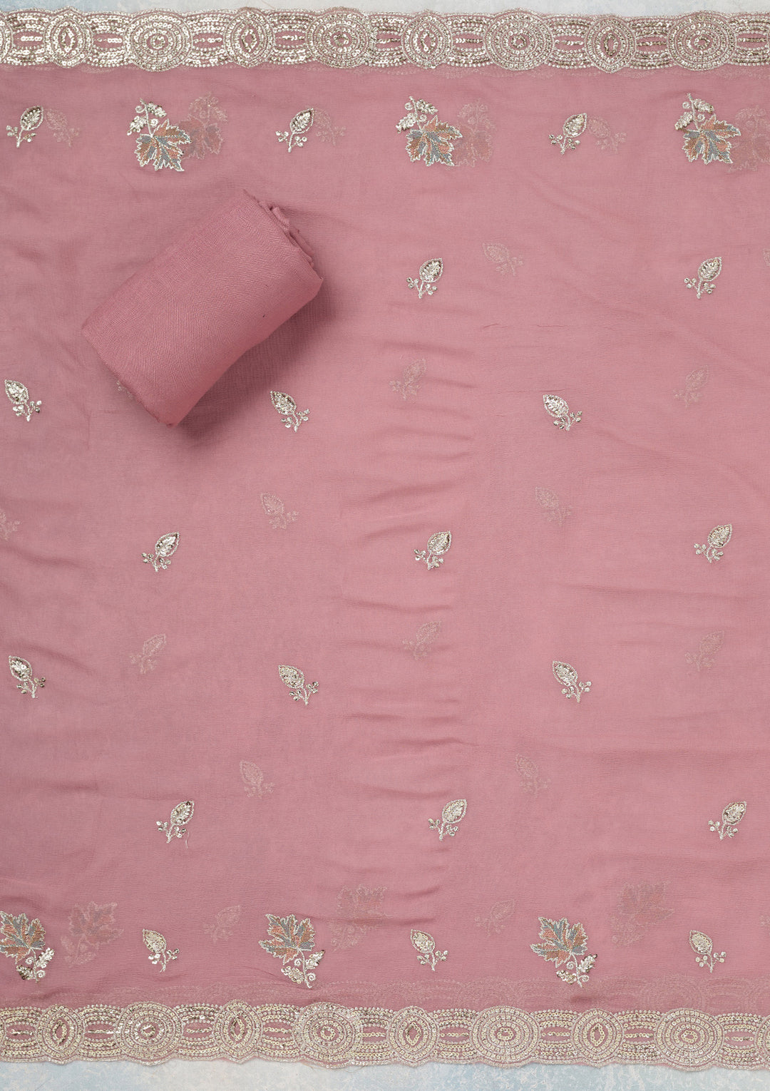 Onion Pink Organza Mirrorwork Unstitched Dress Material With Matching Bottom And Dupatta