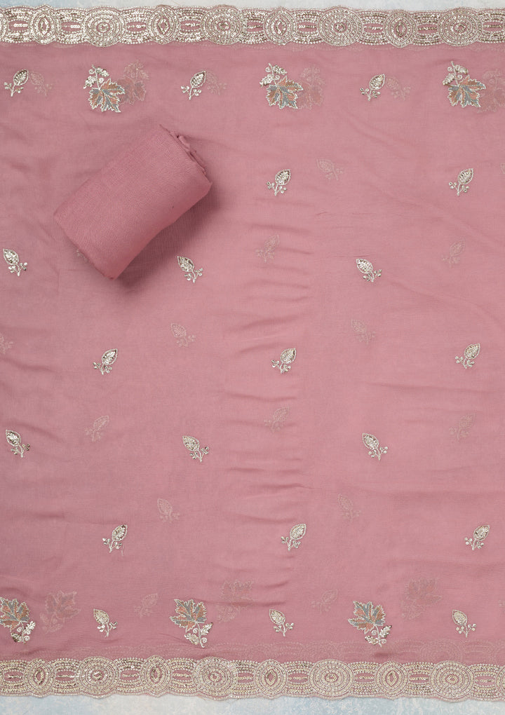 Onion Pink Organza Mirrorwork Unstitched Dress Material With Matching Bottom And Dupatta