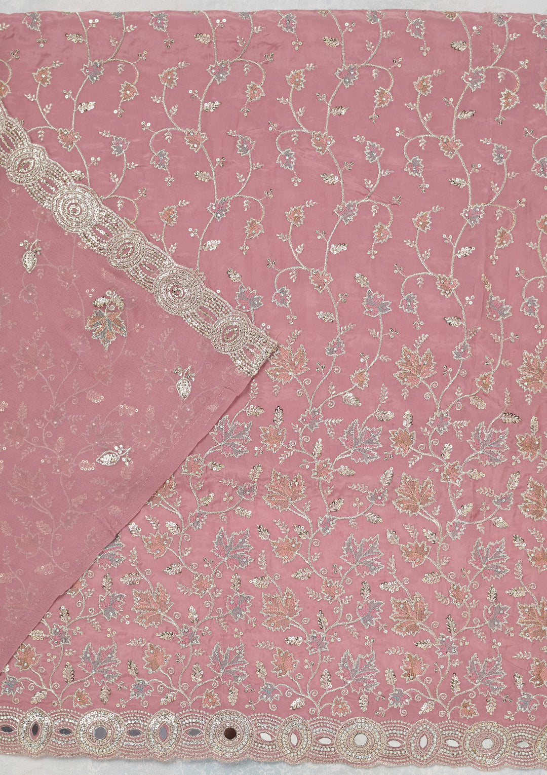 Onion Pink Organza Mirrorwork Unstitched Dress Material With Matching Bottom And Dupatta