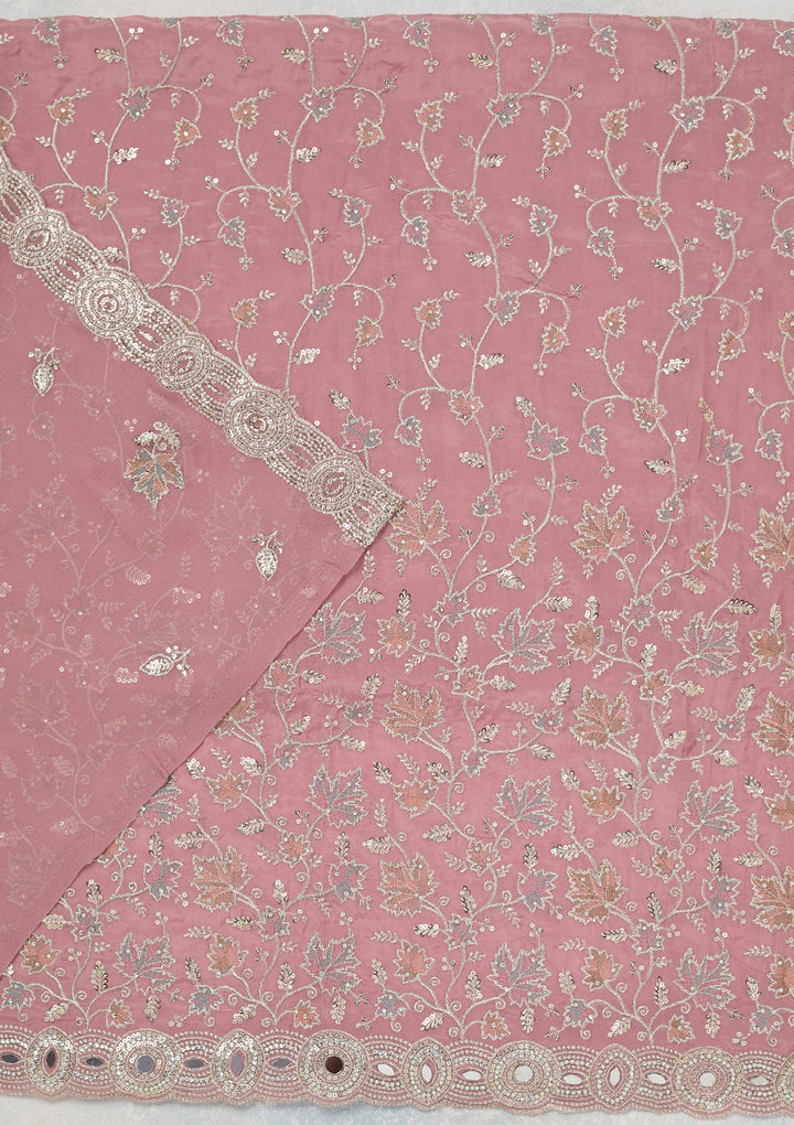 Onion Pink Organza Mirrorwork Unstitched Dress Material With Matching Bottom And Dupatta
