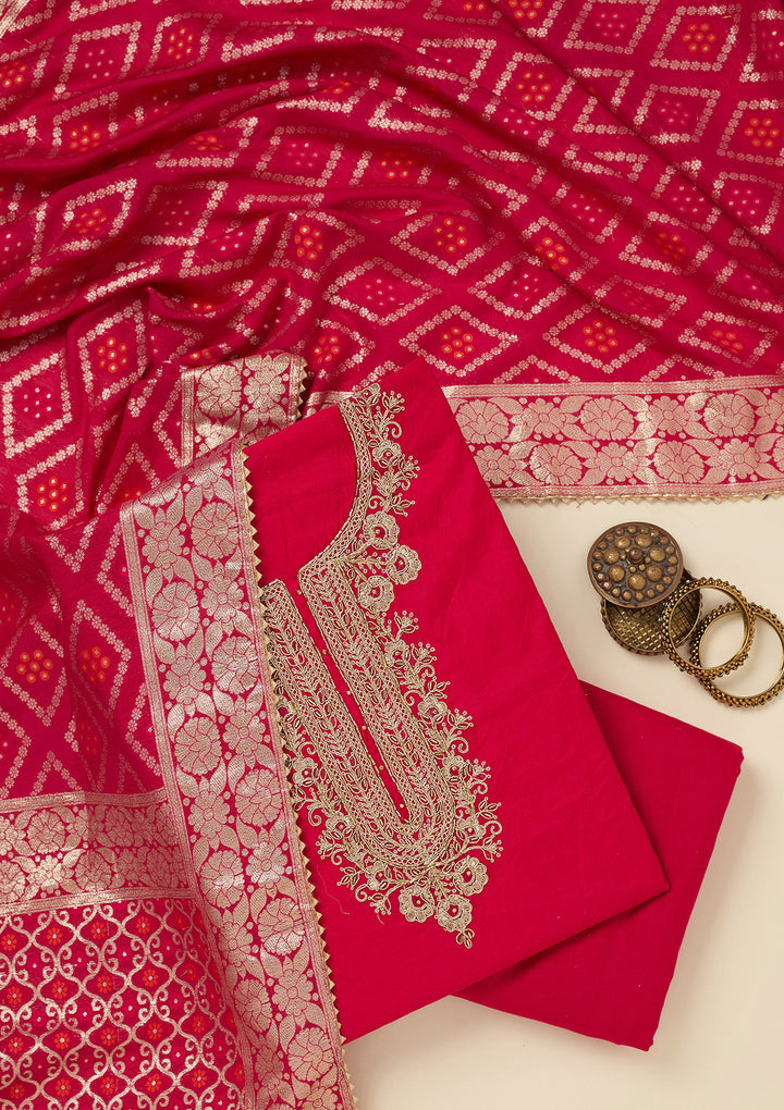 Rani Pink Dola Silk Gold Zariwork Unstitched Dress Material With Matching Bottom And Dupatta