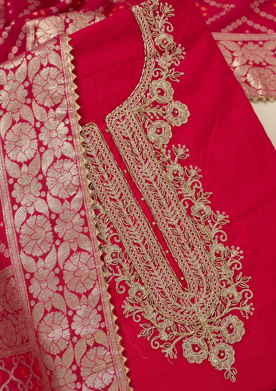 Rani Pink Dola Silk Gold Zariwork Unstitched Dress Material With Matching Bottom And Dupatta