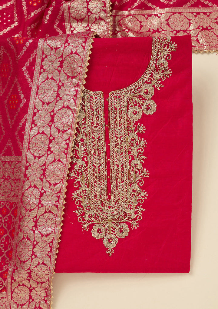 Rani Pink Dola Silk Gold Zariwork Unstitched Dress Material With Matching Bottom And Dupatta