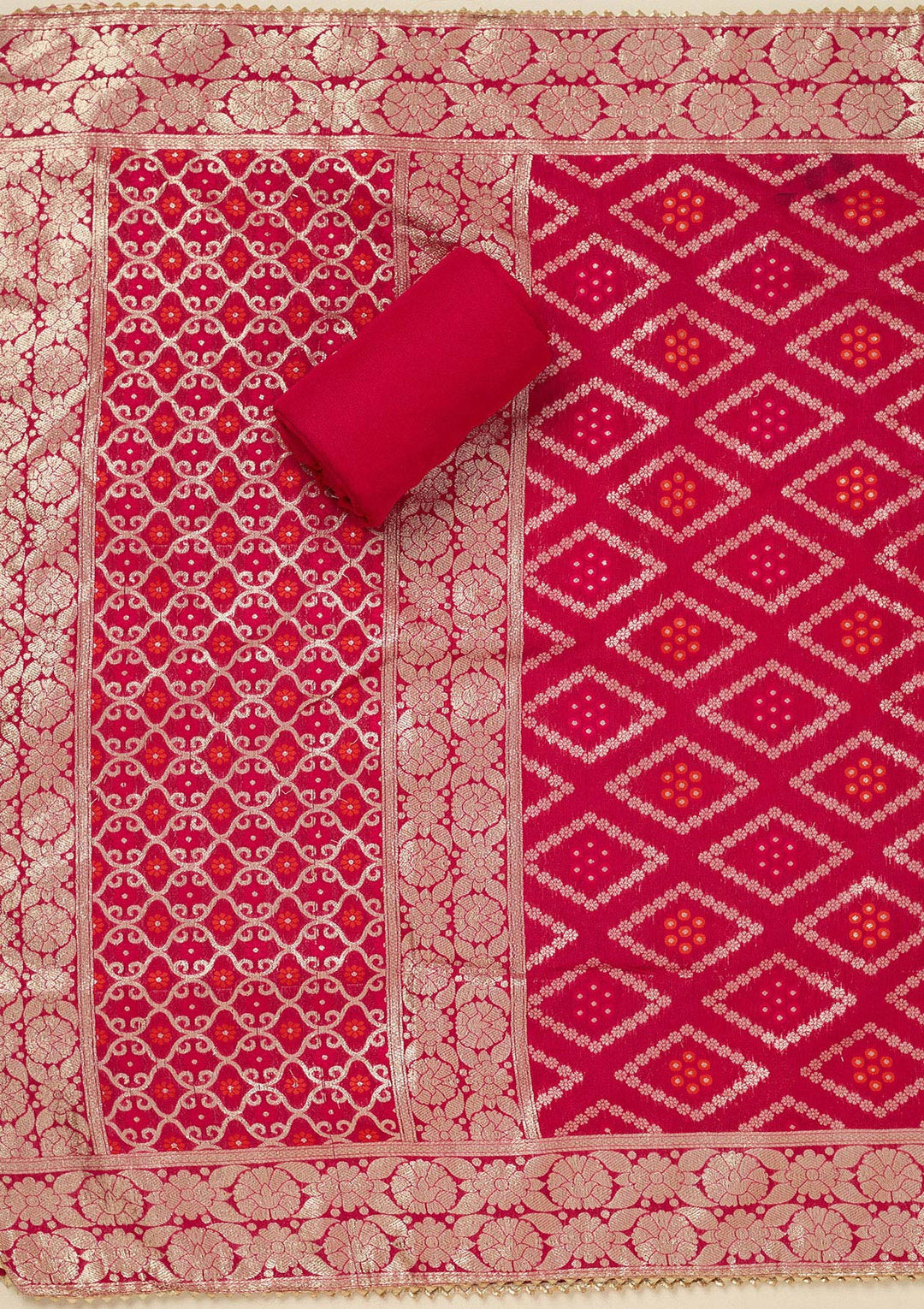Rani Pink Dola Silk Gold Zariwork Unstitched Dress Material With Matching Bottom And Dupatta