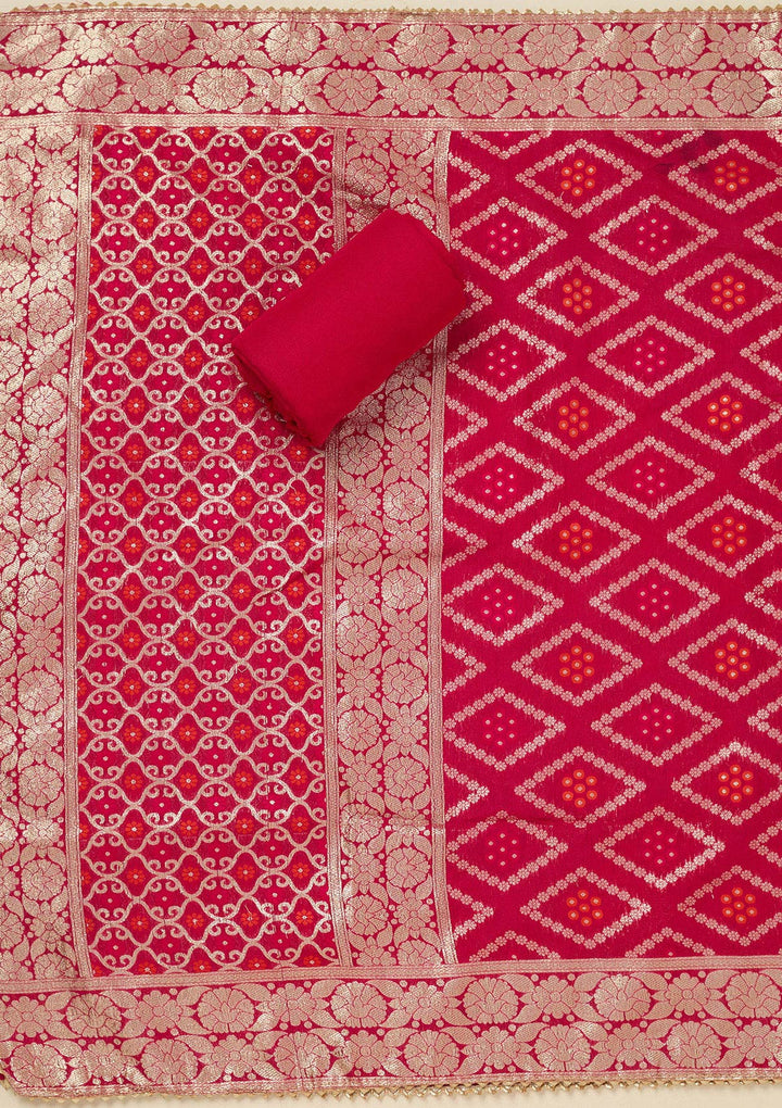 Rani Pink Dola Silk Gold Zariwork Unstitched Dress Material With Matching Bottom And Dupatta