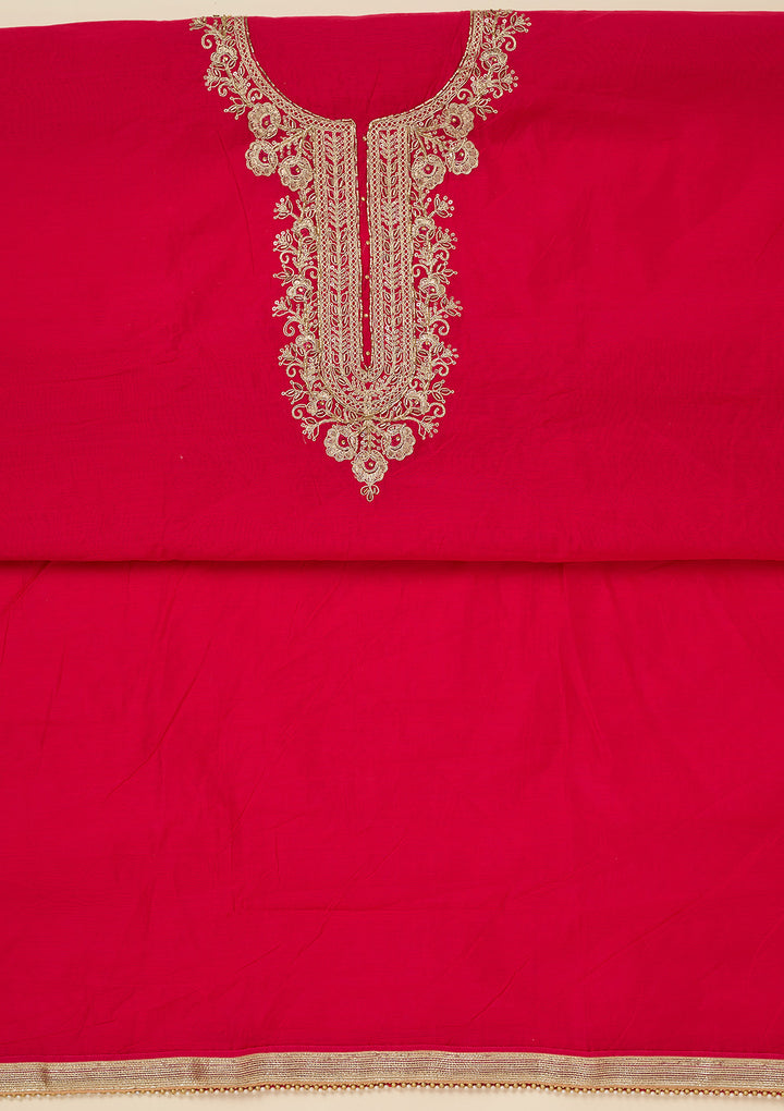 Rani Pink Dola Silk Gold Zariwork Unstitched Dress Material With Matching Bottom And Dupatta