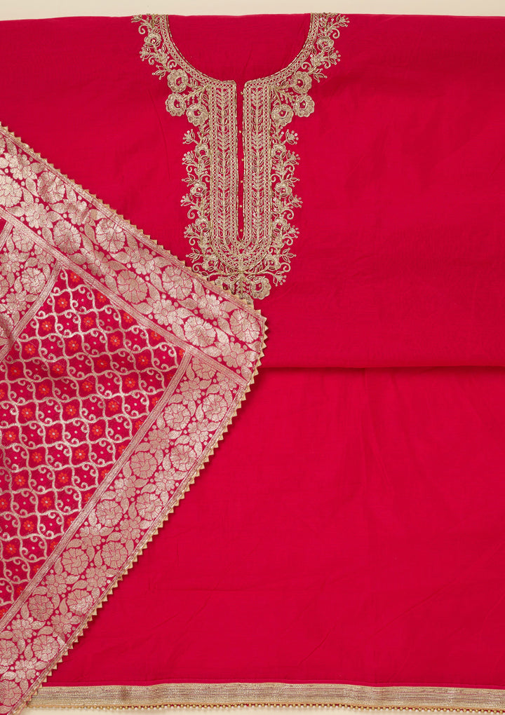 Rani Pink Dola Silk Gold Zariwork Unstitched Dress Material With Matching Bottom And Dupatta
