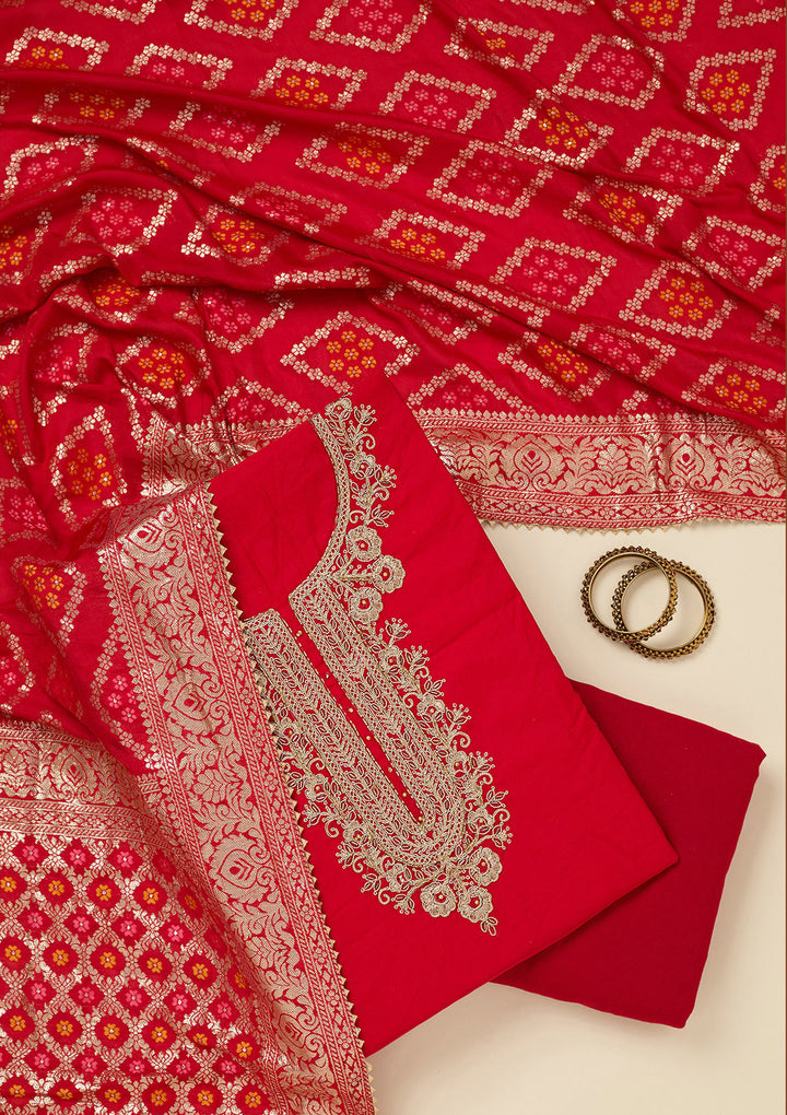 Red Dola Silk Gold Zariwork Unstitched Dress Material With Matching Bottom And Dupatta