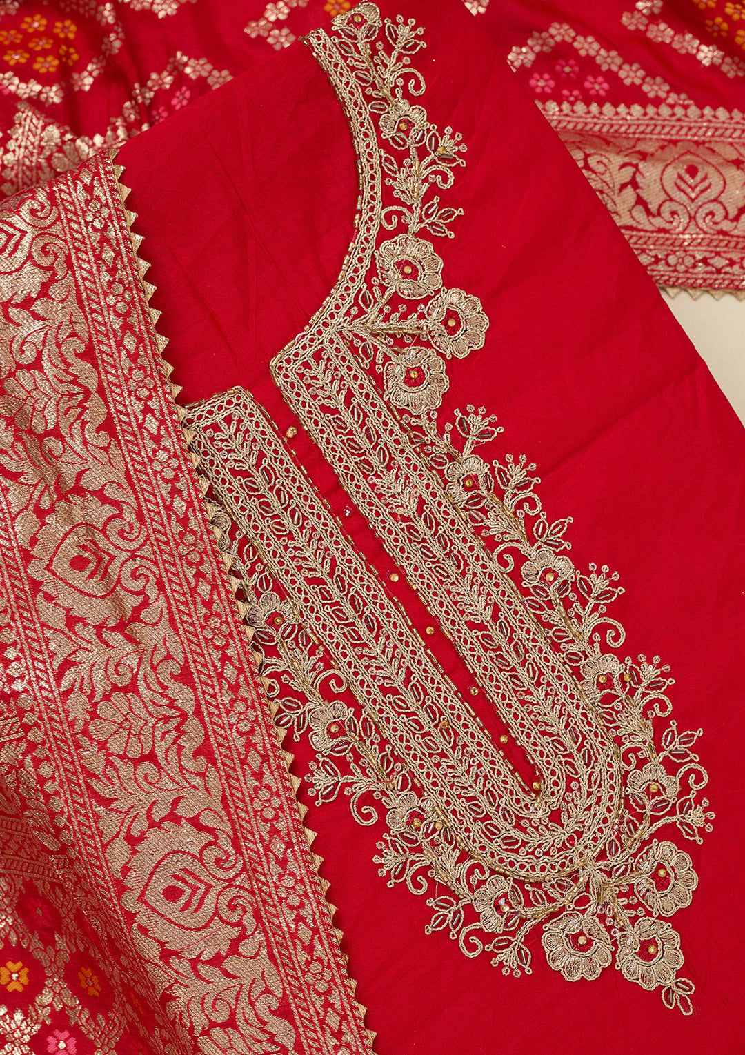 Red Dola Silk Gold Zariwork Unstitched Dress Material With Matching Bottom And Dupatta