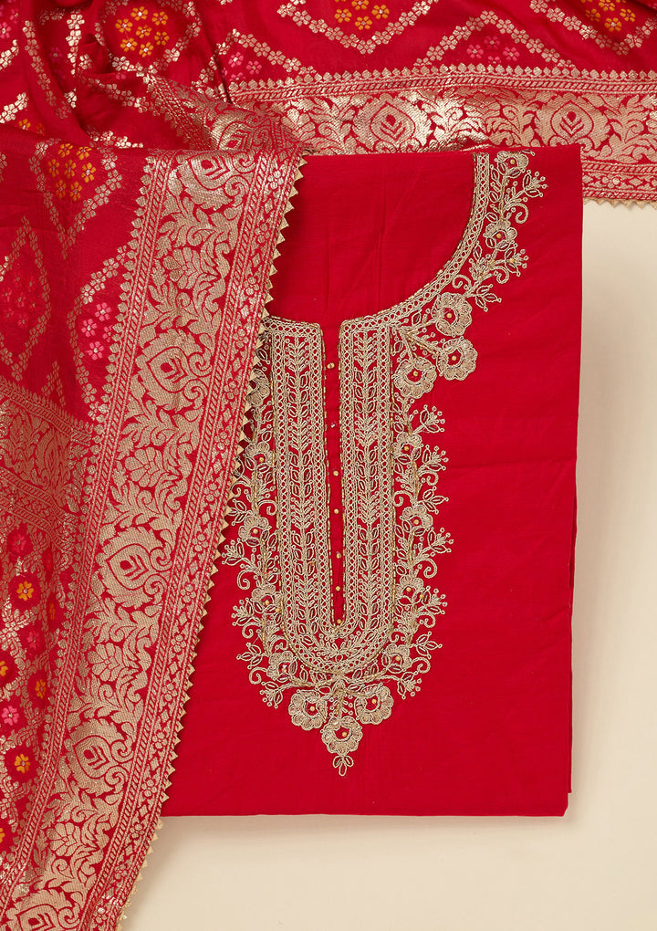 Red Dola Silk Gold Zariwork Unstitched Dress Material With Matching Bottom And Dupatta
