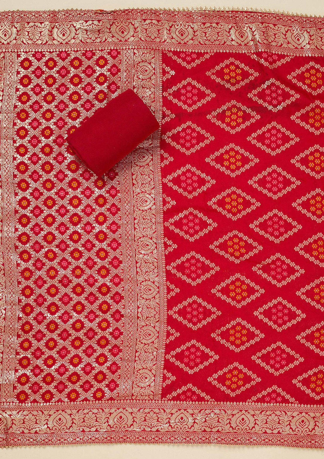 Red Dola Silk Gold Zariwork Unstitched Dress Material With Matching Bottom And Dupatta
