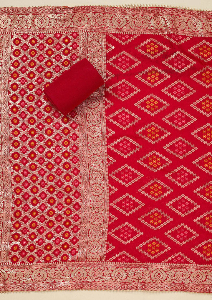 Red Dola Silk Gold Zariwork Unstitched Dress Material With Matching Bottom And Dupatta