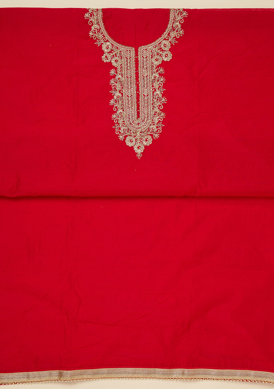 Red Dola Silk Gold Zariwork Unstitched Dress Material With Matching Bottom And Dupatta