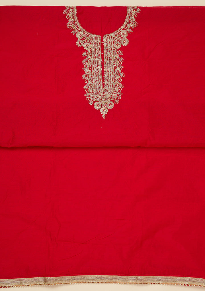Red Dola Silk Gold Zariwork Unstitched Dress Material With Matching Bottom And Dupatta