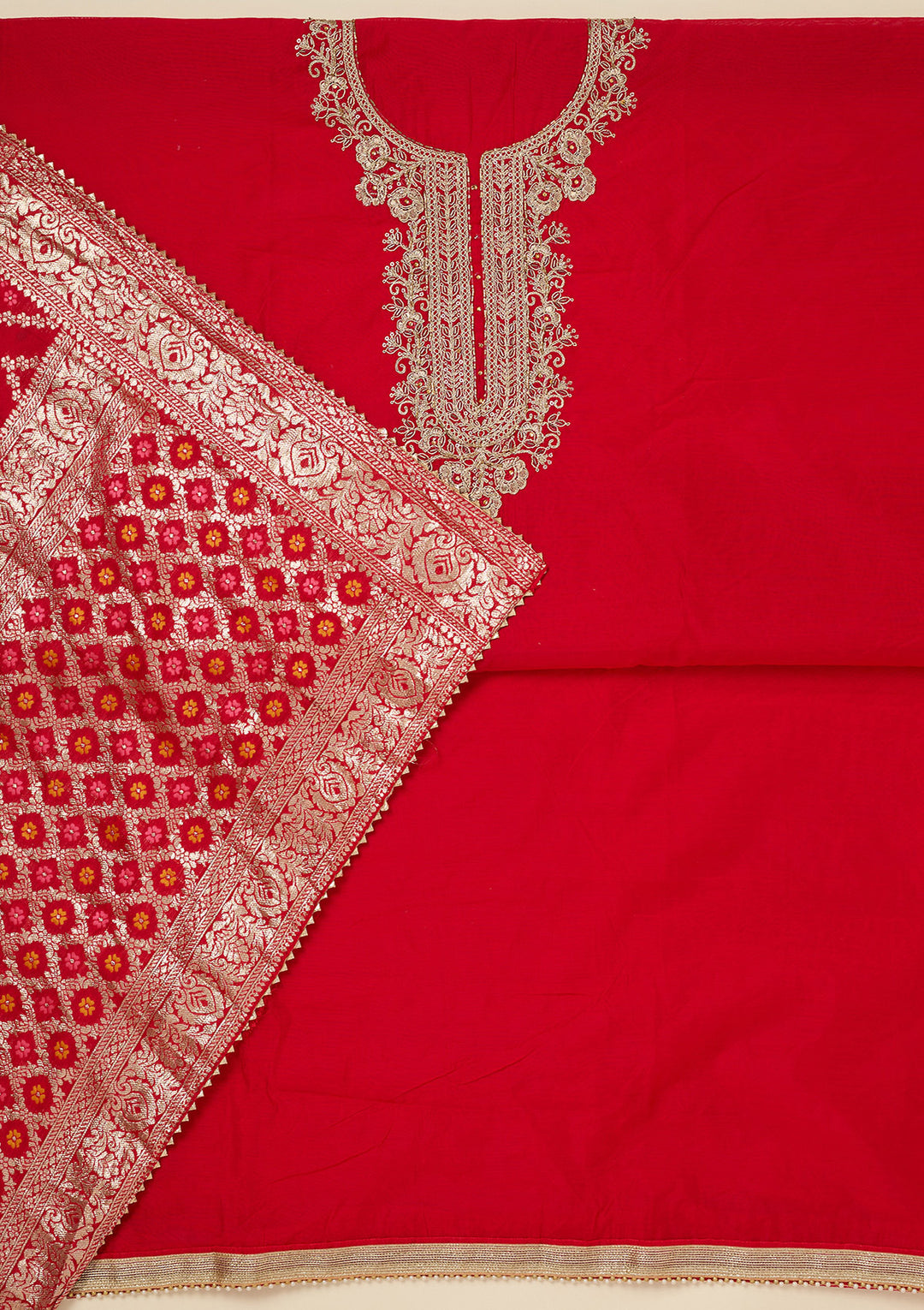 Red Dola Silk Gold Zariwork Unstitched Dress Material With Matching Bottom And Dupatta