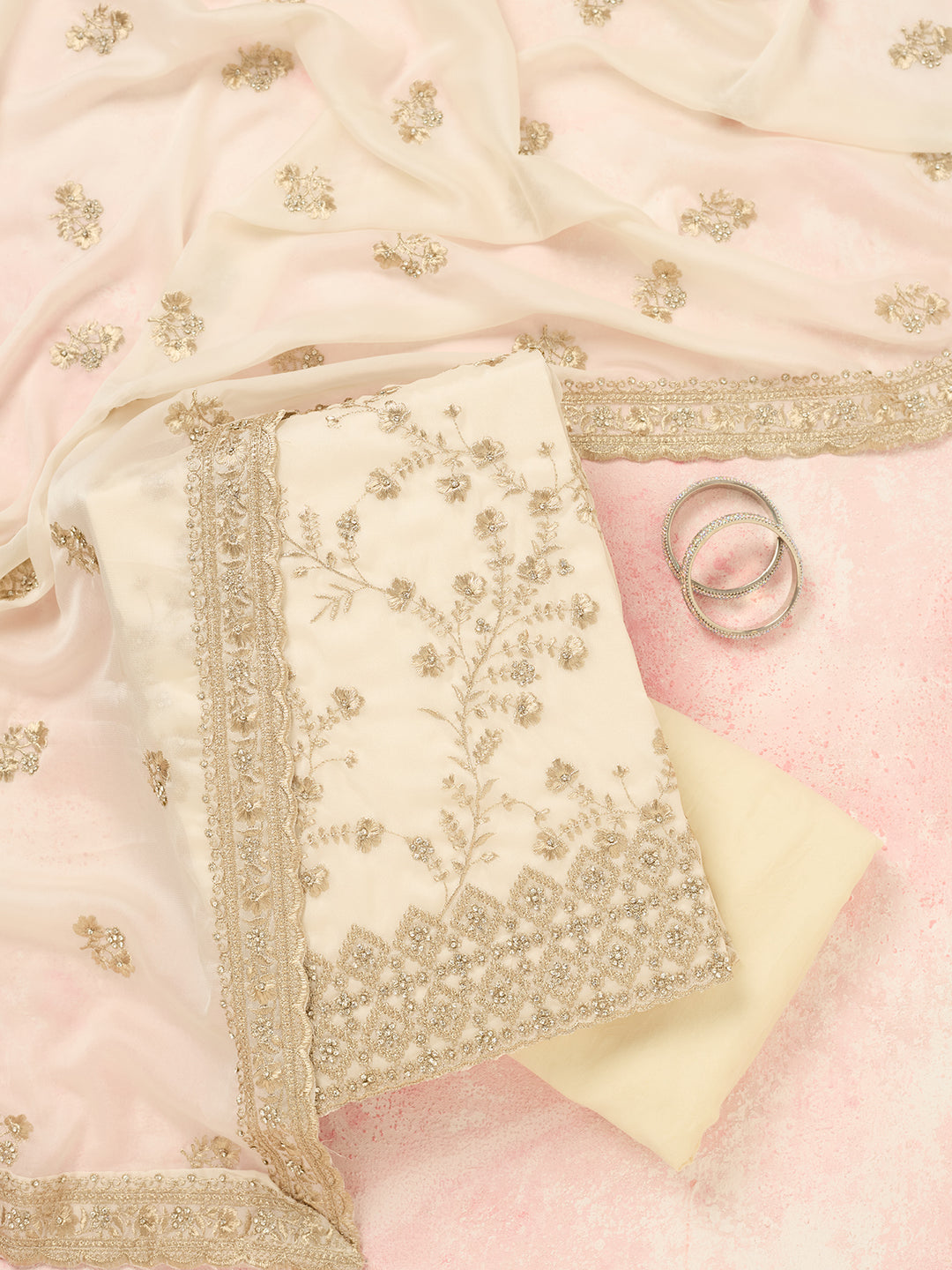Off White Organza Silver Zardozi Work Unstitched Dress Material With Matching Bottom And Dupatta