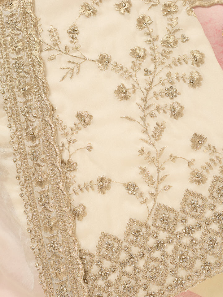 Off White Organza Silver Zardozi Work Unstitched Dress Material With Matching Bottom And Dupatta