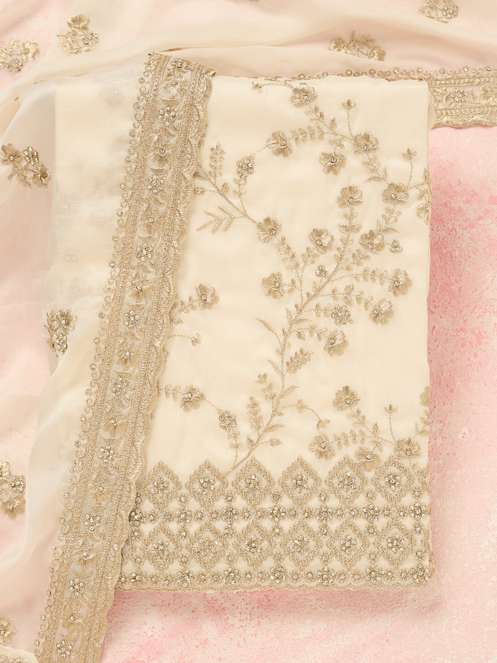 Off White Organza Silver Zardozi Work Unstitched Dress Material With Matching Bottom And Dupatta