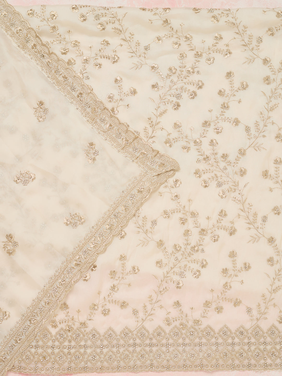 Off White Organza Silver Zardozi Work Unstitched Dress Material With Matching Bottom And Dupatta