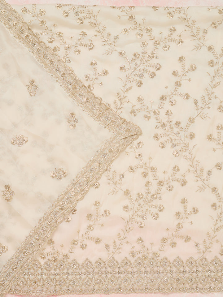 Off White Organza Silver Zardozi Work Unstitched Dress Material With Matching Bottom And Dupatta