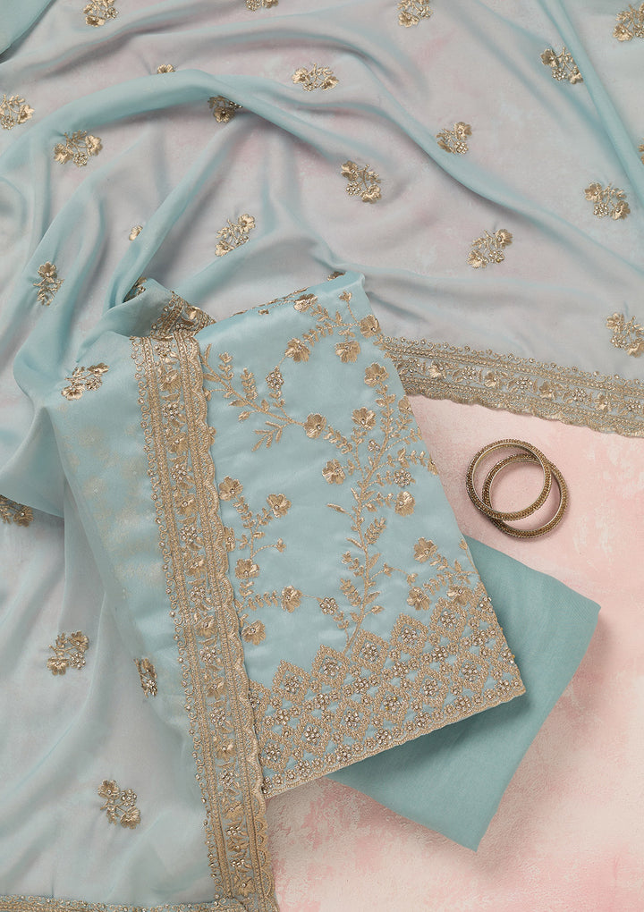 Sky Blue Organza Silver Zardozi Unstitched Dress Material With Matching Bottom And Dupatta