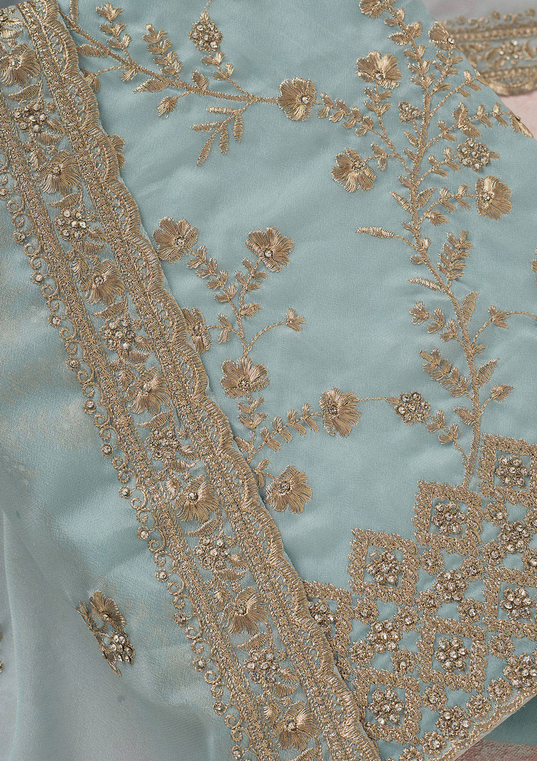 Sky Blue Organza Silver Zardozi Unstitched Dress Material With Matching Bottom And Dupatta