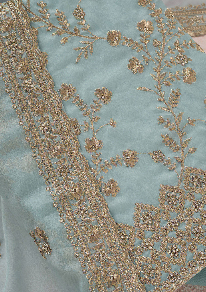 Sky Blue Organza Silver Zardozi Unstitched Dress Material With Matching Bottom And Dupatta