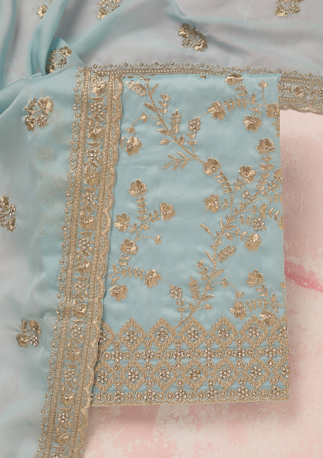 Sky Blue Organza Silver Zardozi Unstitched Dress Material With Matching Bottom And Dupatta