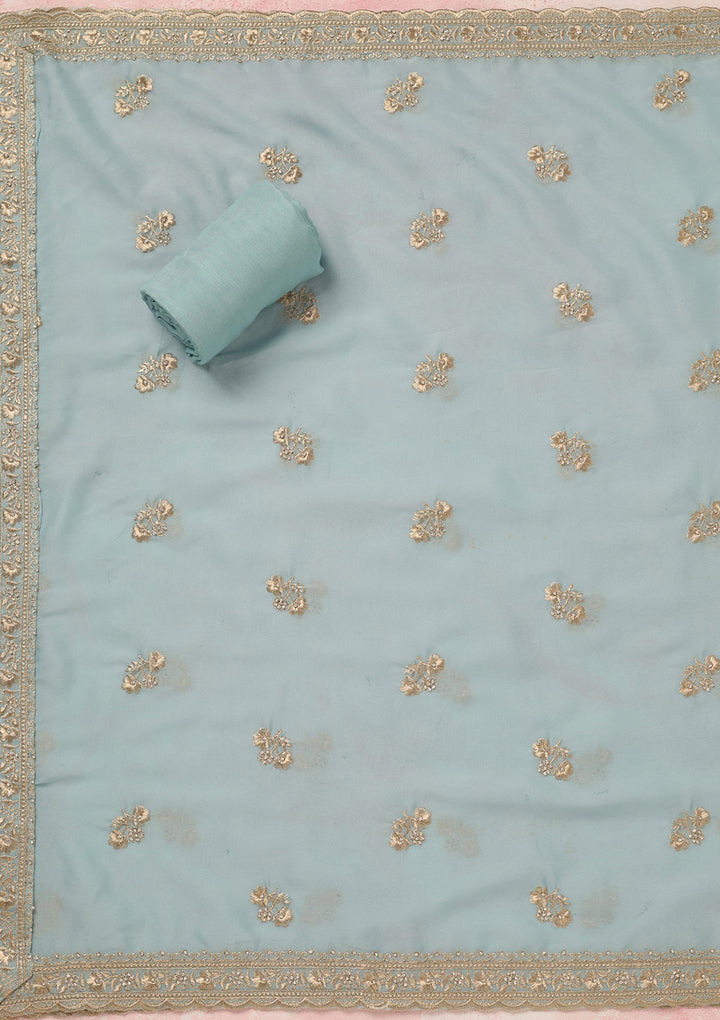Sky Blue Organza Silver Zardozi Unstitched Dress Material With Matching Bottom And Dupatta