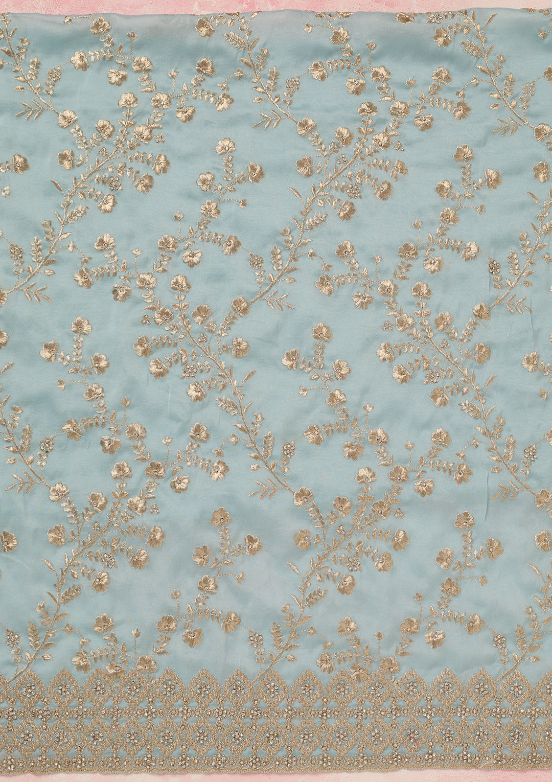 Sky Blue Organza Silver Zardozi Unstitched Dress Material With Matching Bottom And Dupatta